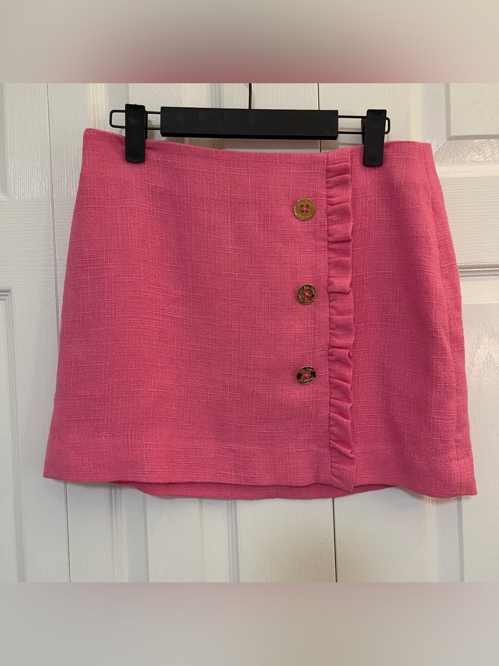 Lilly Pulitzer Hot Pink Mini Skirt with Ruffle and Gold Buttons